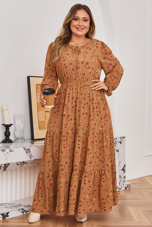 Floral Print Split Neck Ruffled Tiered Maxi Dress