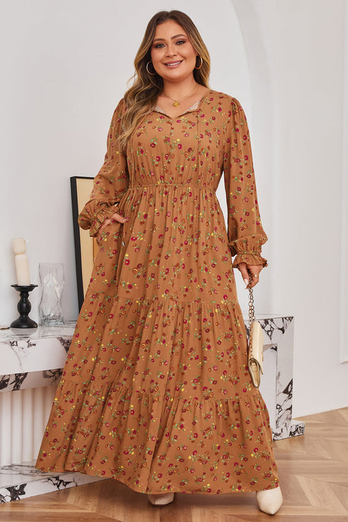 Floral Print Split Neck Ruffled Tiered Maxi Dress