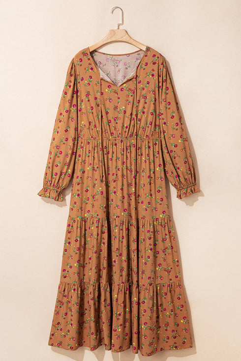 Floral Print Split Neck Ruffled Tiered Maxi Dress