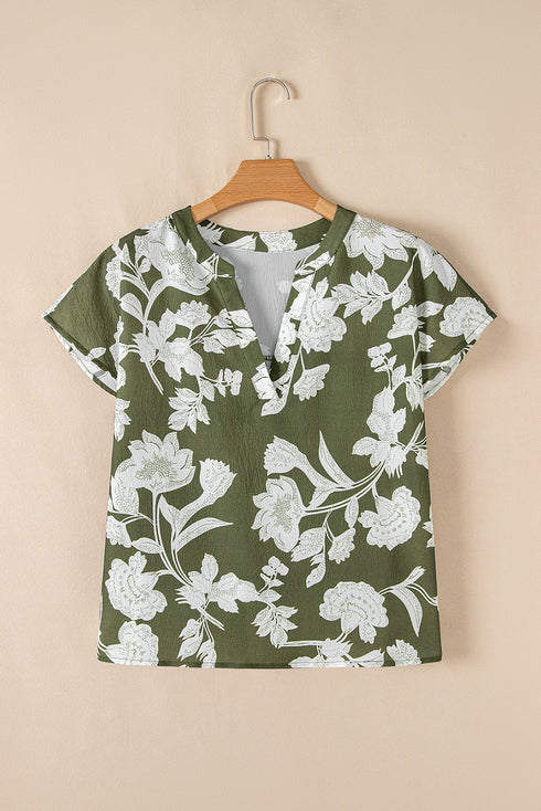 Floral Print Split Neck Short Sleeve Woven Blouse