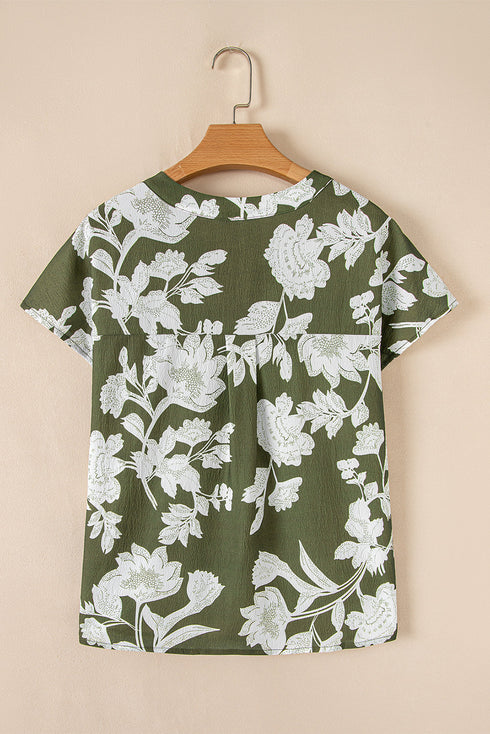 Floral Print Split Neck Short Sleeve Woven Blouse
