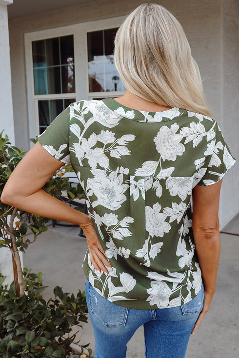 Floral Print Split Neck Short Sleeve Woven Blouse