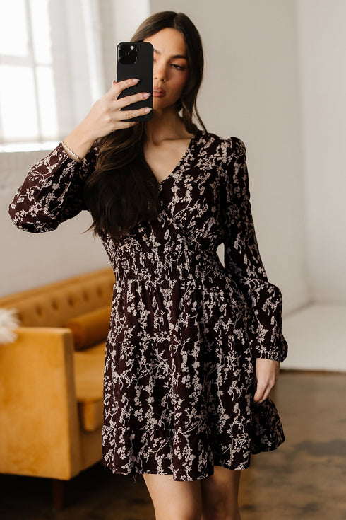 Floral Print Split Neck Smocked Waist Long Sleeve Mini Dress