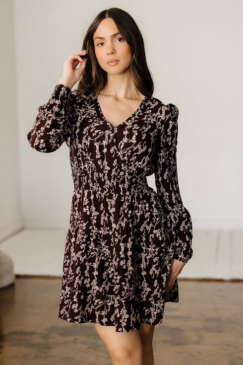 Floral Print Split Neck Smocked Waist Long Sleeve Mini Dress