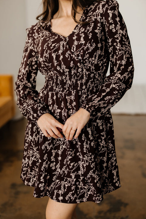 Floral Print Split Neck Smocked Waist Long Sleeve Mini Dress