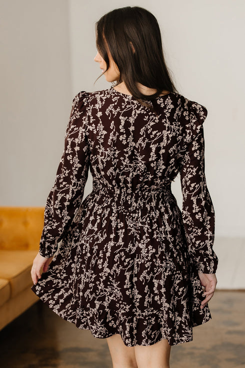 Floral Print Split Neck Smocked Waist Long Sleeve Mini Dress