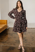 Floral Print Split Neck Smocked Waist Long Sleeve Mini Dress