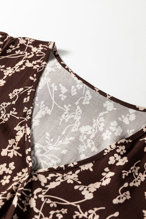 Floral Print Split Neck Smocked Waist Long Sleeve Mini Dress