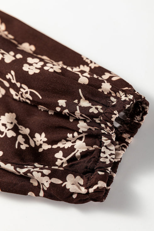 Floral Print Split Neck Smocked Waist Long Sleeve Mini Dress