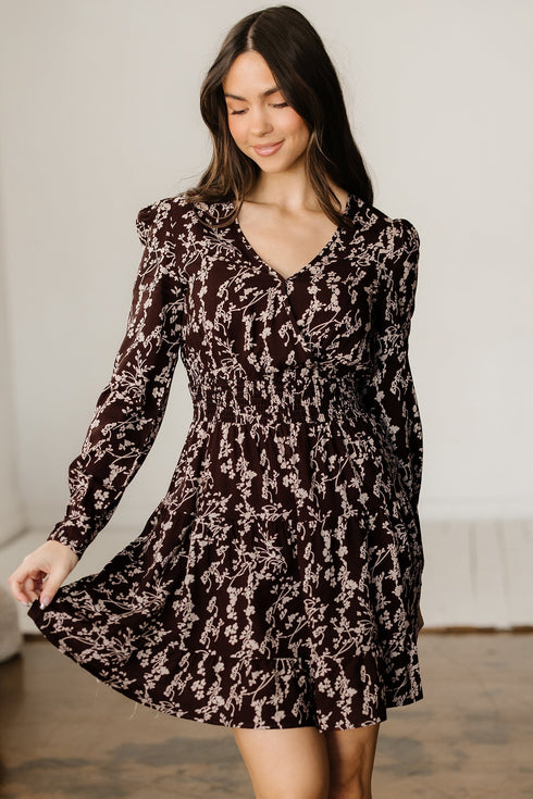 Floral Print Split Neck Smocked Waist Long Sleeve Mini Dress