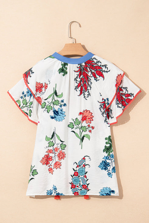 Floral Print Split Neck Tassel Tie Flutter Sleeve Blouse