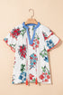 Floral Print Split Neck Tassel Tie Flutter Sleeve Blouse