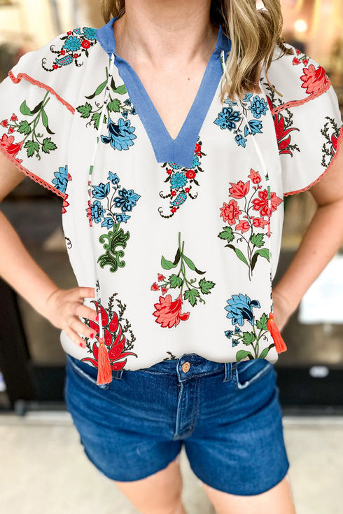 Floral Print Split Neck Tassel Tie Flutter Sleeve Blouse