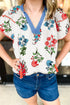 Floral Print Split Neck Tassel Tie Flutter Sleeve Blouse