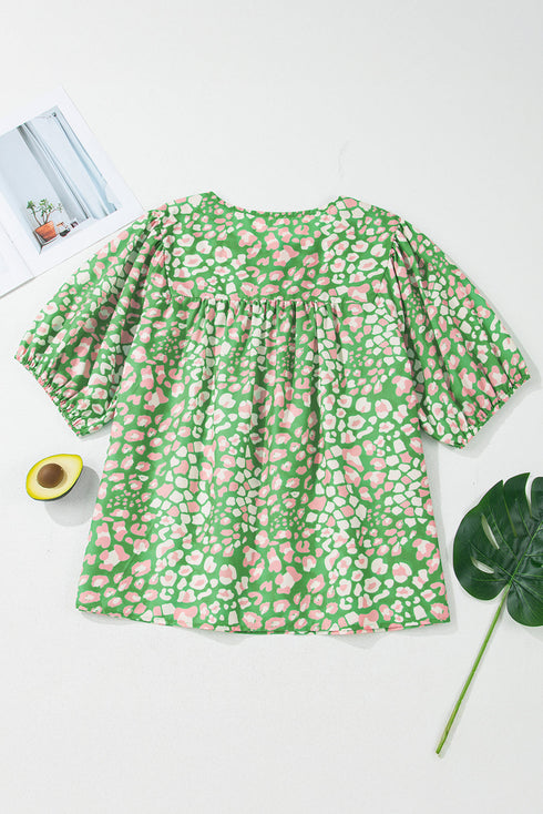 Floral Print Split Neck Tassel Tie Puff Sleeve Blouse