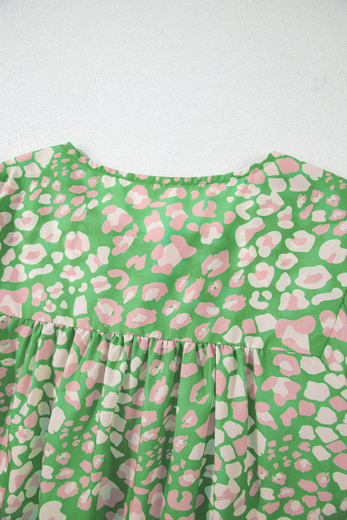 Floral Print Split Neck Tassel Tie Puff Sleeve Blouse