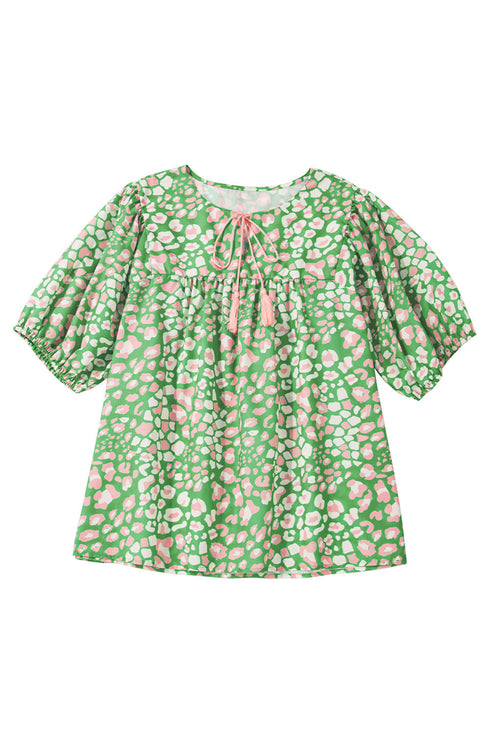 Floral Print Split Neck Tassel Tie Puff Sleeve Blouse