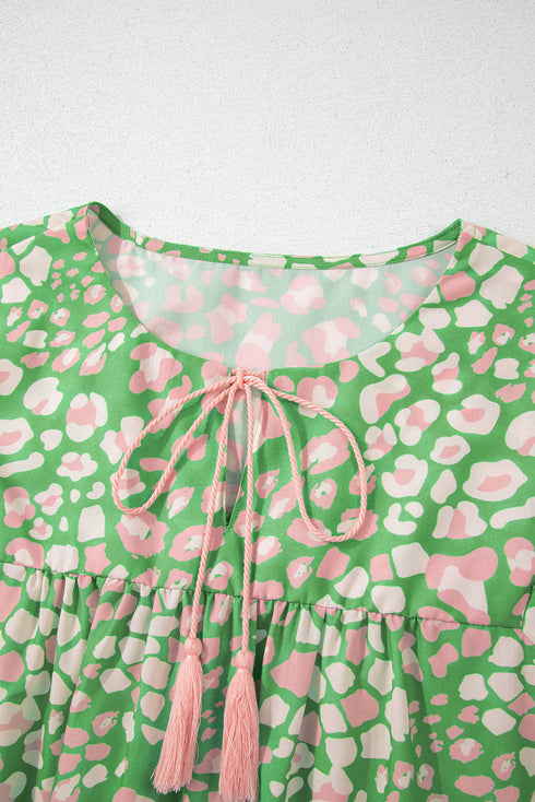 Floral Print Split Neck Tassel Tie Puff Sleeve Blouse