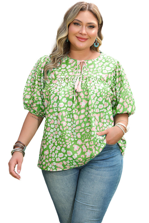Floral Print Split Neck Tassel Tie Puff Sleeve Blouse