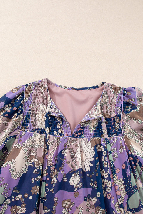 Floral Print Split Neck Tiered Mini Dress