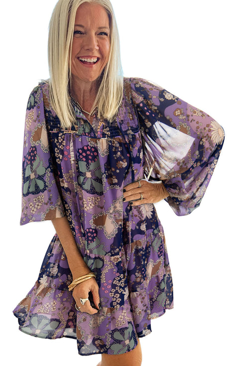 Floral Print Split Neck Tiered Mini Dress