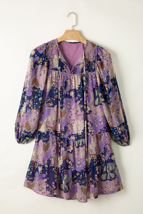 Floral Print Split Neck Tiered Mini Dress