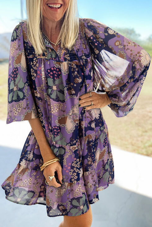 Floral Print Split Neck Tiered Mini Dress