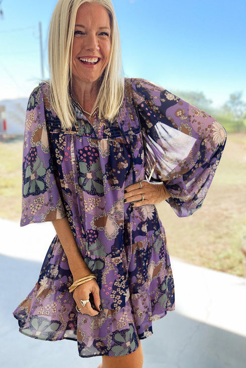 Floral Print Split Neck Tiered Mini Dress