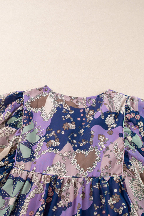 Floral Print Split Neck Tiered Mini Dress