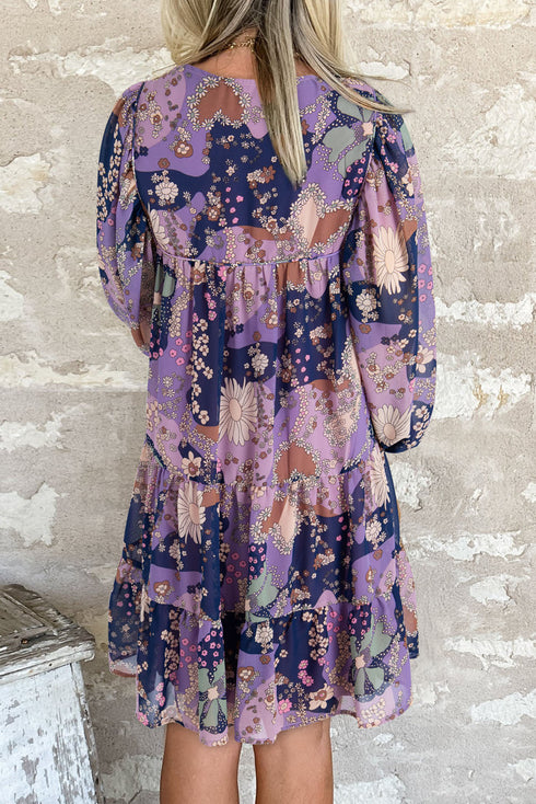 Floral Print Split Neck Tiered Mini Dress