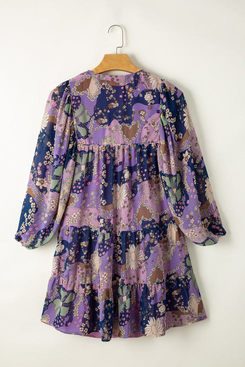 Floral Print Split Neck Tiered Mini Dress
