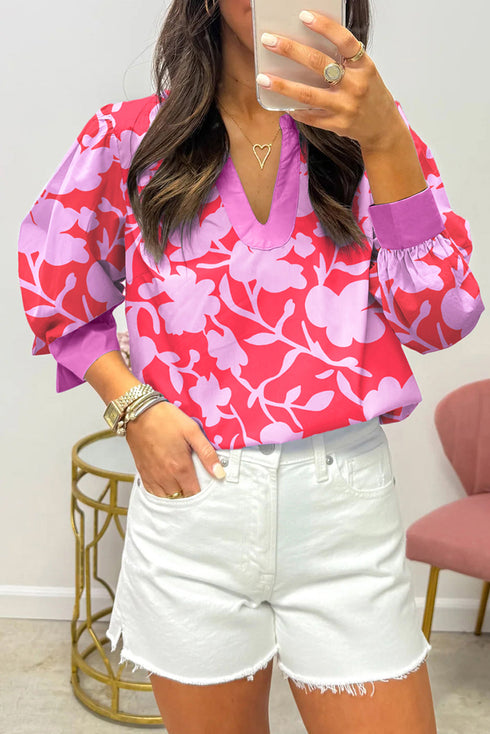 Floral Print Split V Neck Cuffed Bracelet Sleeve Woven Blouse