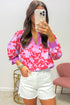 Floral Print Split V Neck Cuffed Bracelet Sleeve Woven Blouse