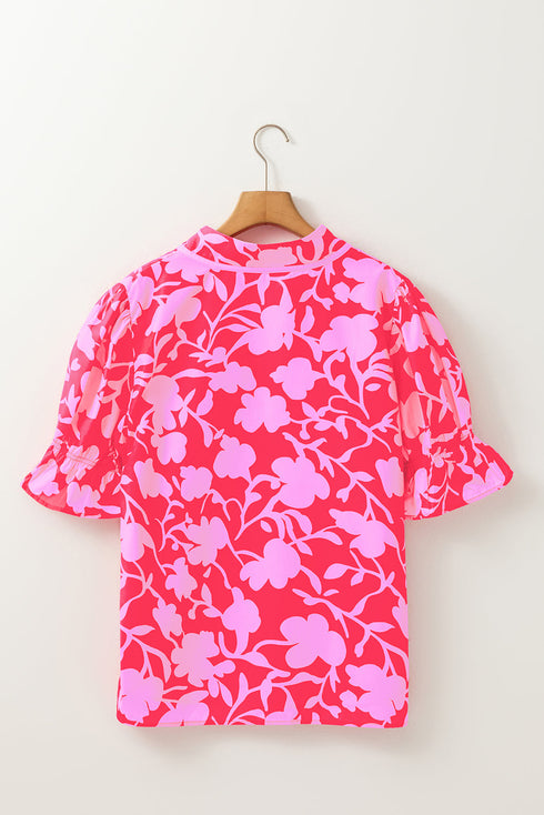 Floral Print Split V Neck Ruffled Puff Sleeve Blouse