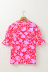 Floral Print Split V Neck Ruffled Puff Sleeve Blouse