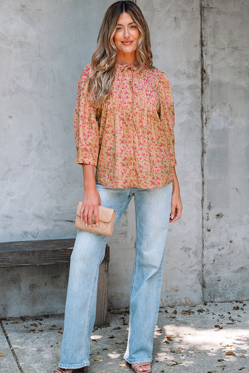 Floral Print Square Neck Bow Detail Puff Sleeve Blouse