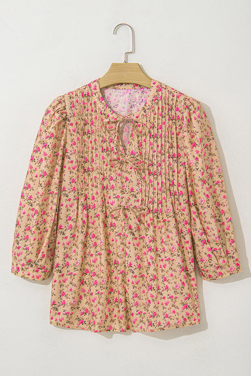 Floral Print Square Neck Bow Detail Puff Sleeve Blouse
