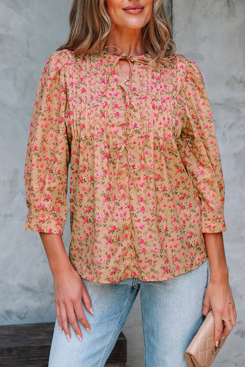 Floral Print Square Neck Bow Detail Puff Sleeve Blouse