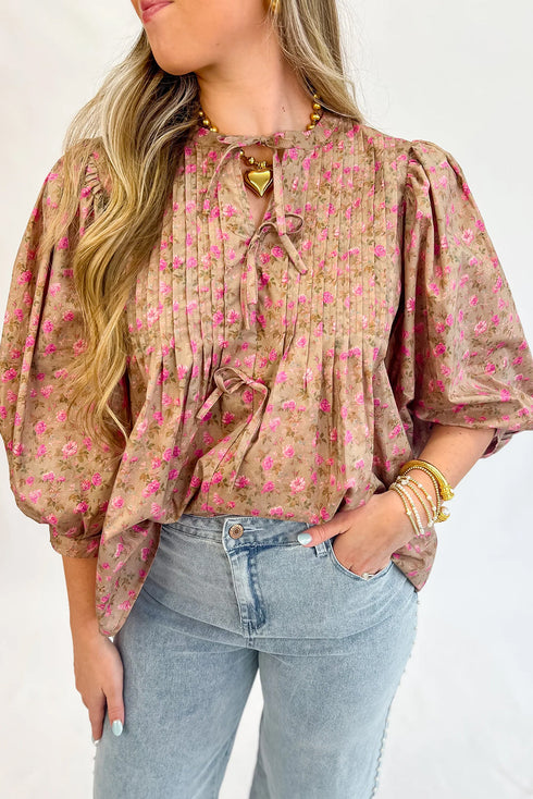 Floral Print Square Neck Bow Detail Puff Sleeve Blouse