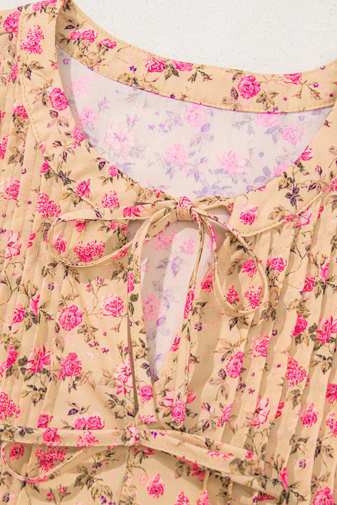 Floral Print Square Neck Bow Detail Puff Sleeve Blouse