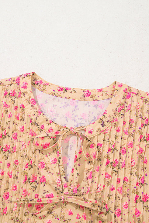 Floral Print Square Neck Bow Detail Puff Sleeve Blouse