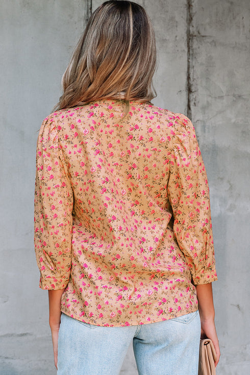 Floral Print Square Neck Bow Detail Puff Sleeve Blouse
