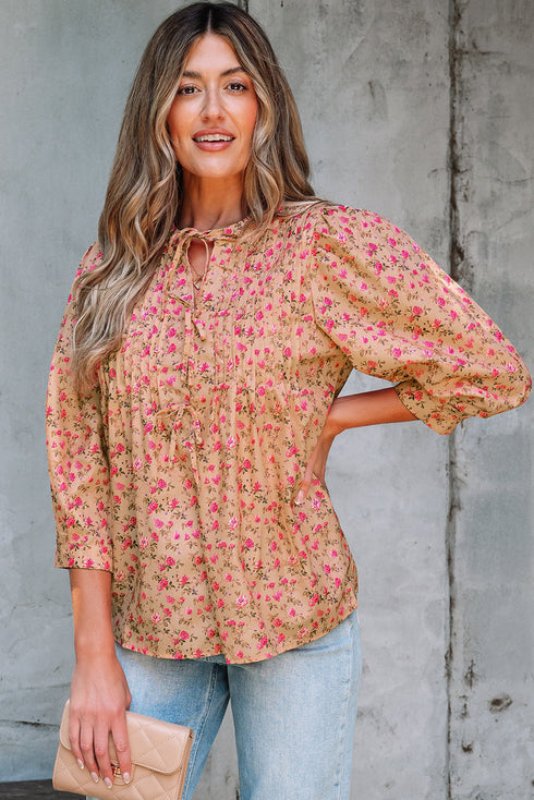 Floral Print Square Neck Bow Detail Puff Sleeve Blouse
