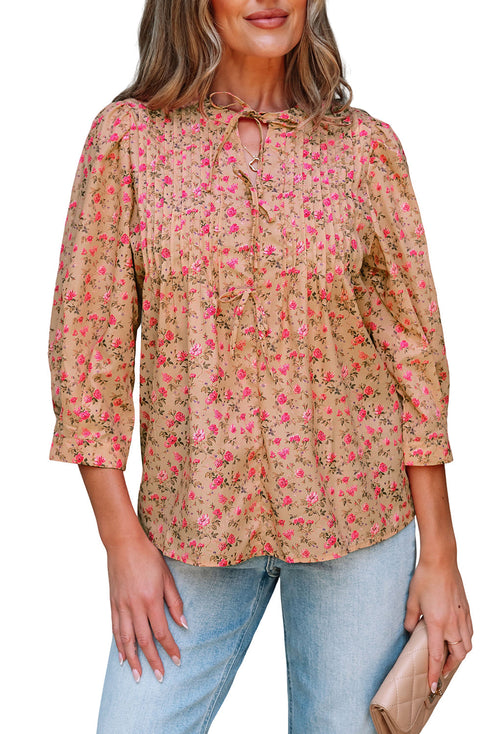 Floral Print Square Neck Bow Detail Puff Sleeve Blouse