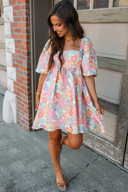 Floral Print Square Neck Flutter Sleeve Babydoll Dress