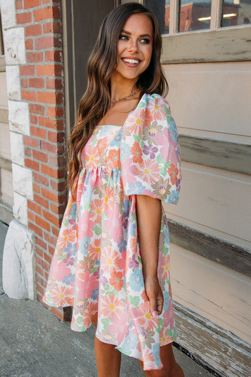 Floral Print Square Neck Flutter Sleeve Babydoll Dress