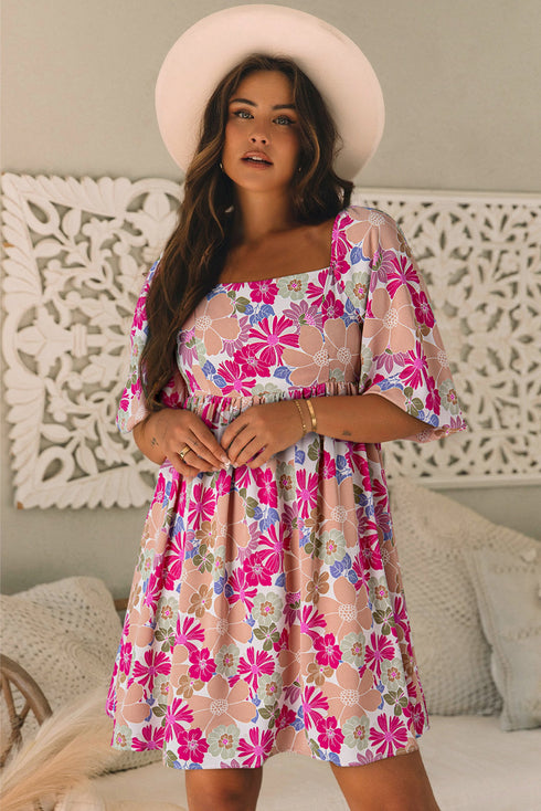 Floral Print Square Neck Flutter Sleeve Babydoll Dress