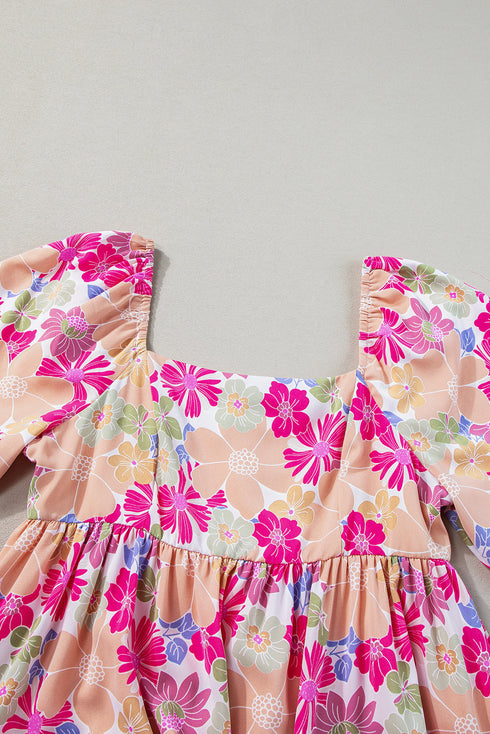 Floral Print Square Neck Flutter Sleeve Babydoll Dress