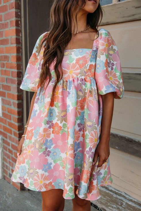Floral Print Square Neck Flutter Sleeve Babydoll Dress