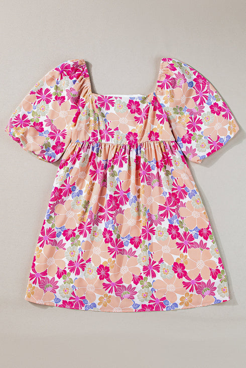 Floral Print Square Neck Flutter Sleeve Babydoll Dress